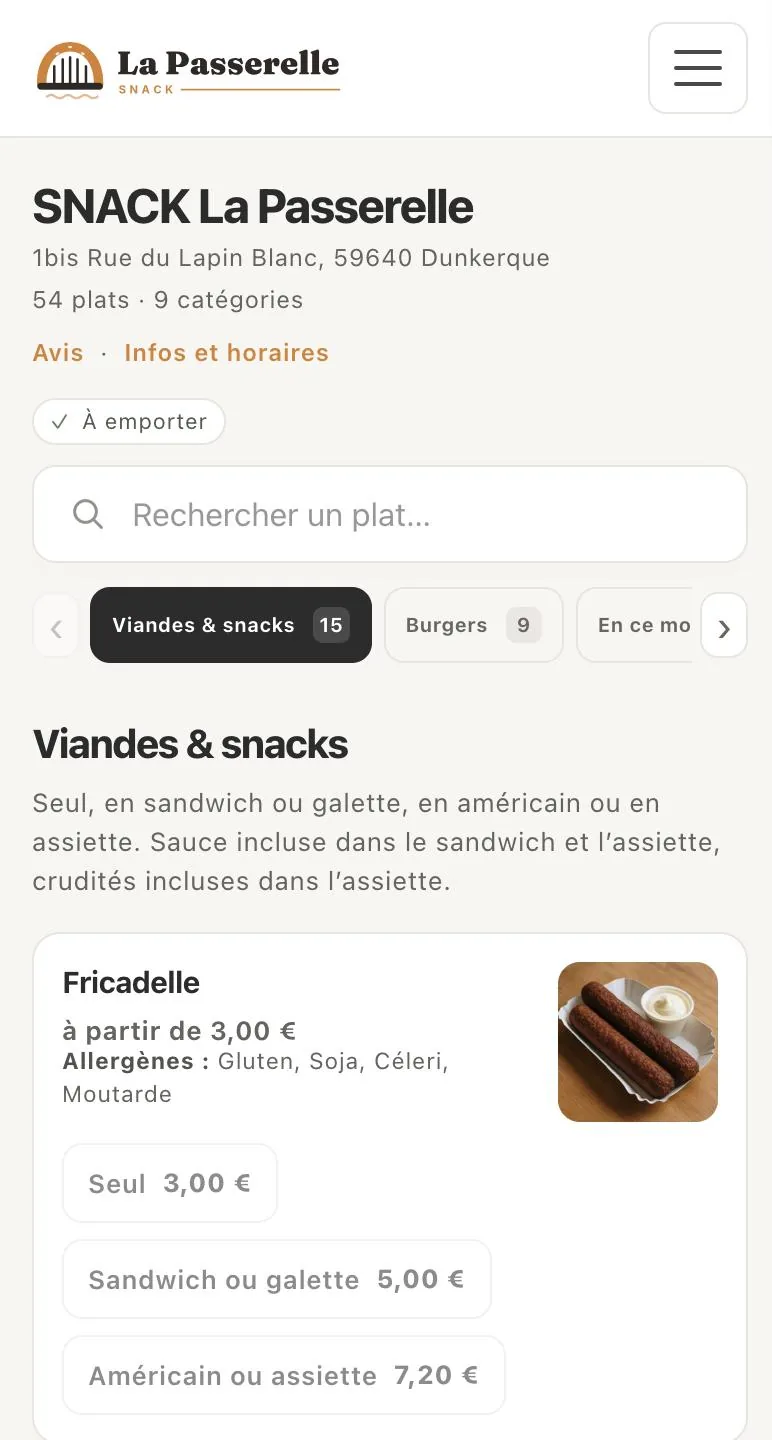 The SNACK La Passerelle website on a phone: its online menu